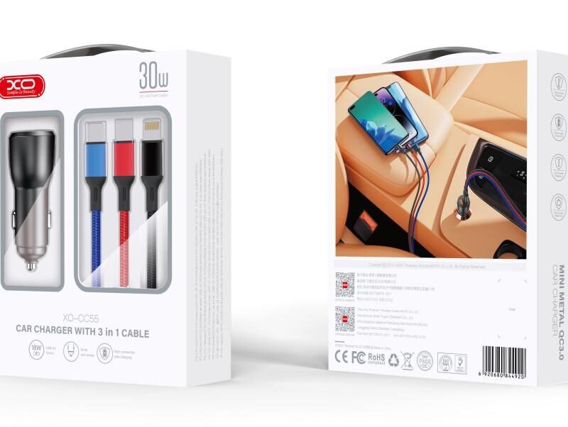 Cargador de coche CC55 doble puerto QC 18W + USB 12W con cable Lightning