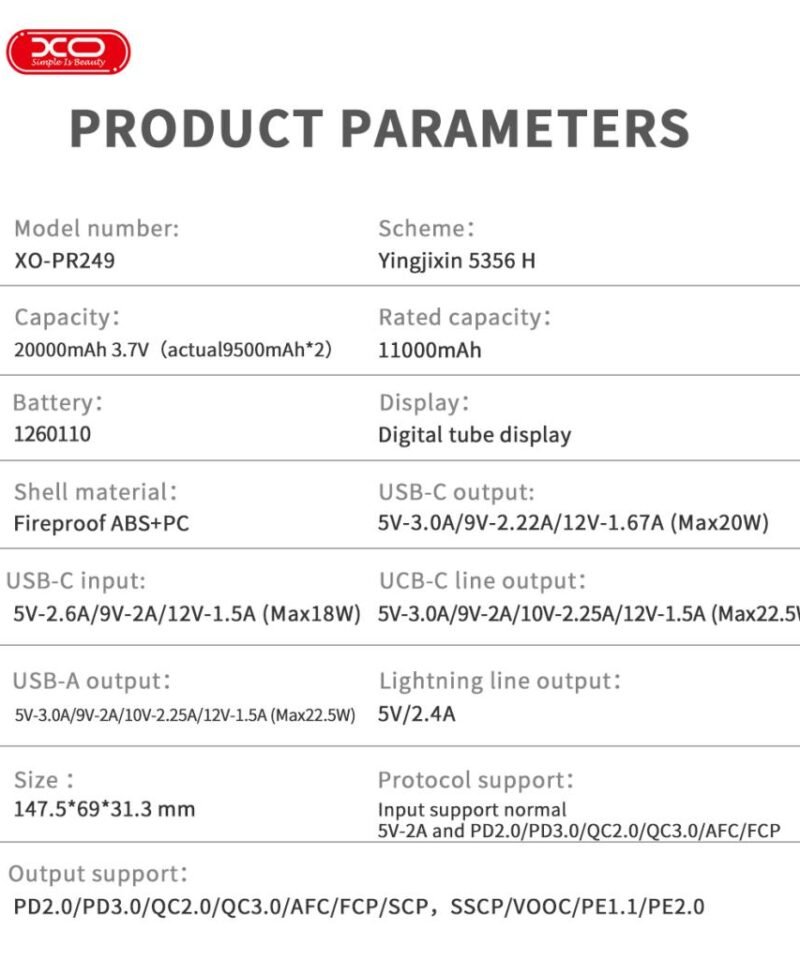 Batería externa PR249 20000mAh con pantalla, USB-C 20W / USB-A 22,5W (cables Type-C y Lightning incluidos) - Imagen 3