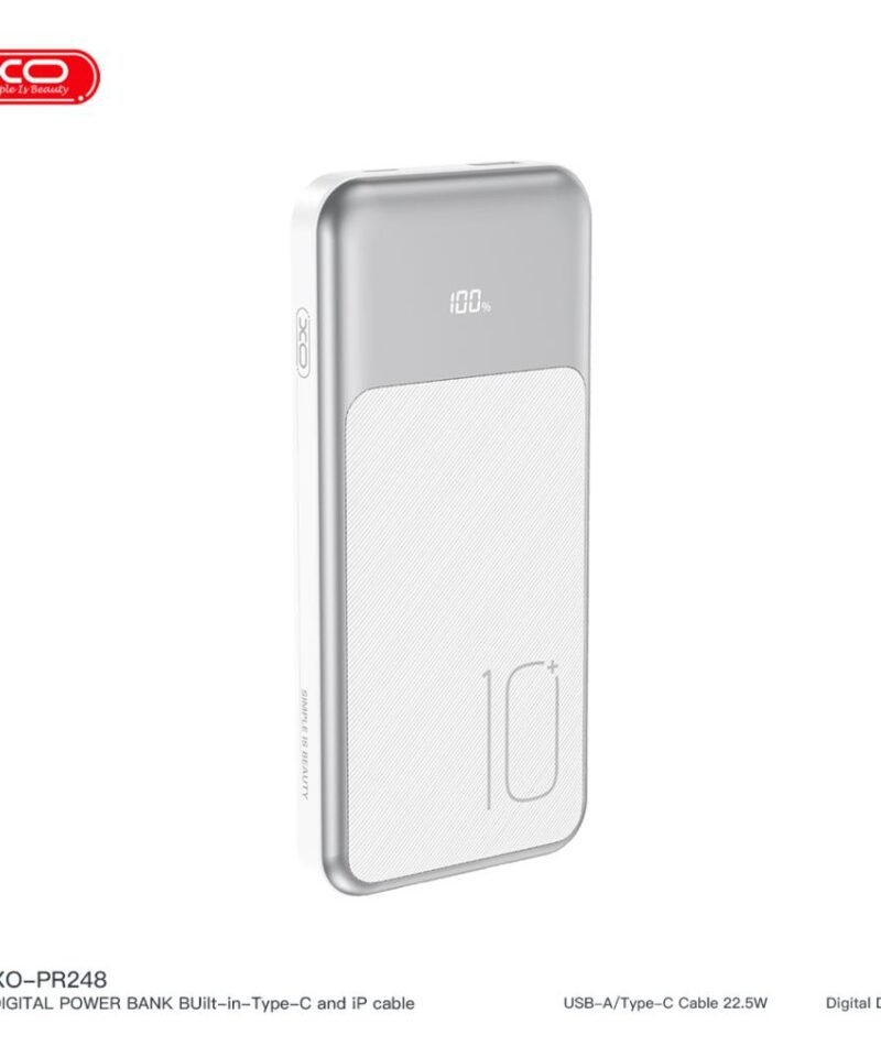 Batería externa PR248 10000mAh con pantalla, USB-C 20W / USB-A 22,5W (cables Type-C y Lightning incluidos)