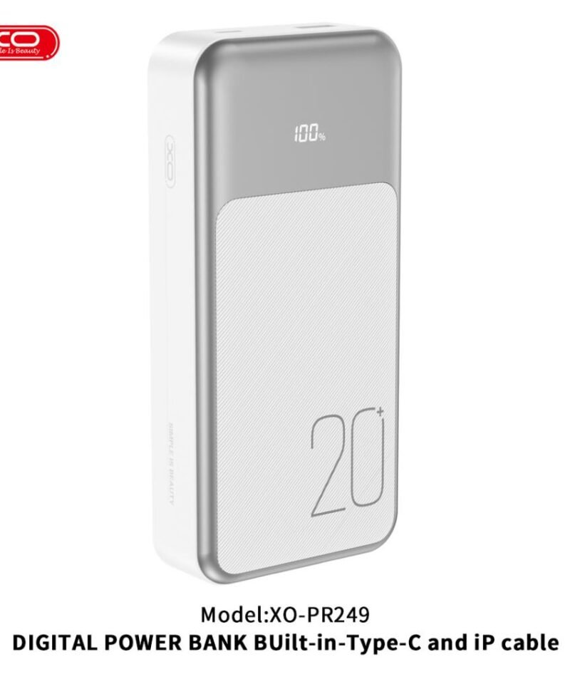 Batería externa PR249 20000mAh con pantalla, USB-C 20W / USB-A 22,5W (cables Type-C y Lightning incluidos)