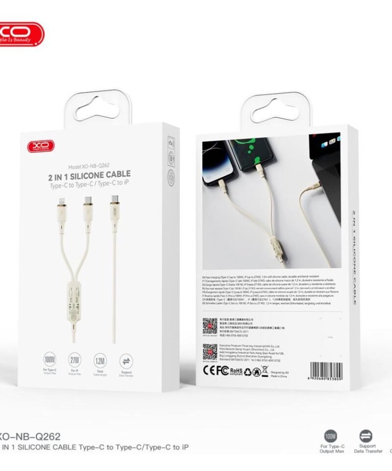 Cable 2 en 1 XO-NB-Q262 USB-C a Lightning 27W + USB-C 60W, 1,2 m