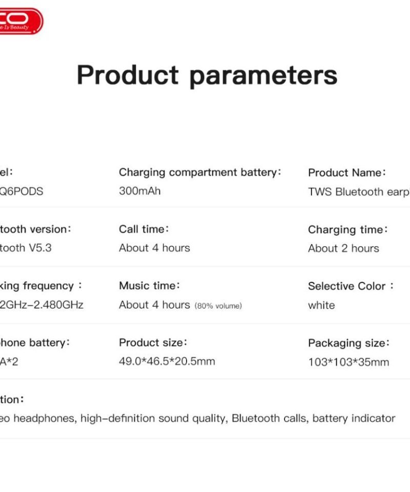 Auriculares TWS XO-Q6Pods (6ª gen) con sensor de oído y carga inalámbrica - Imagen 3
