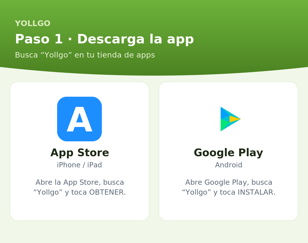 Paso 1 · Descarga la app Yollgo (App Store / Google Play)